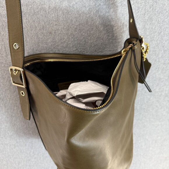Coach Olive Green Leather Bleecker Bucket Bag Shoulder Zip‎ Close Purse Boho - Picture 4 of 16